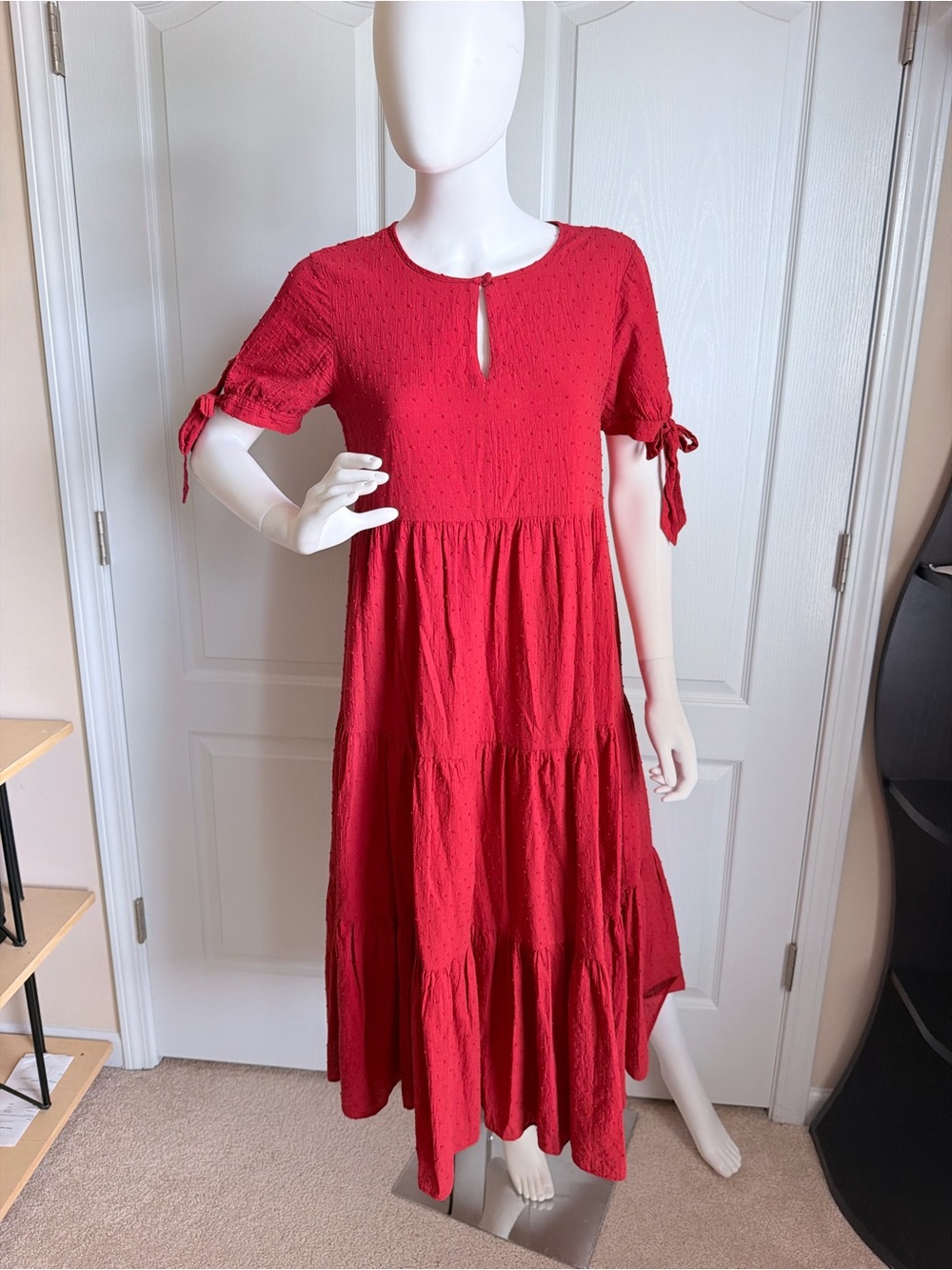 Madewell Red Tie-Sleeve Tiered Maxi Dress Size S